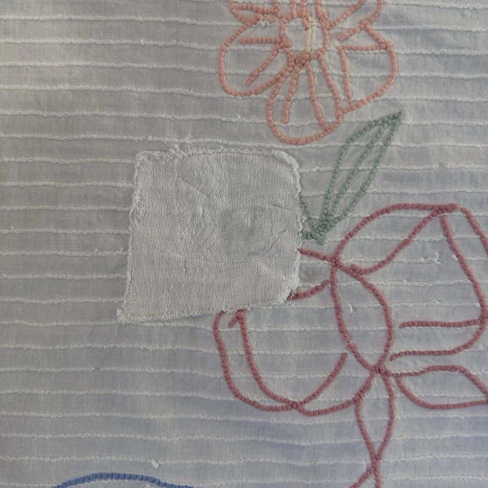 Vintage Mid Century Floral Chenille Bedspread DAMAGED Project Piece Fabric